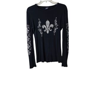 Y2K Long Sleeve Black Tee Embellished Tattoo Style Graphics Grunge Punk Rock L